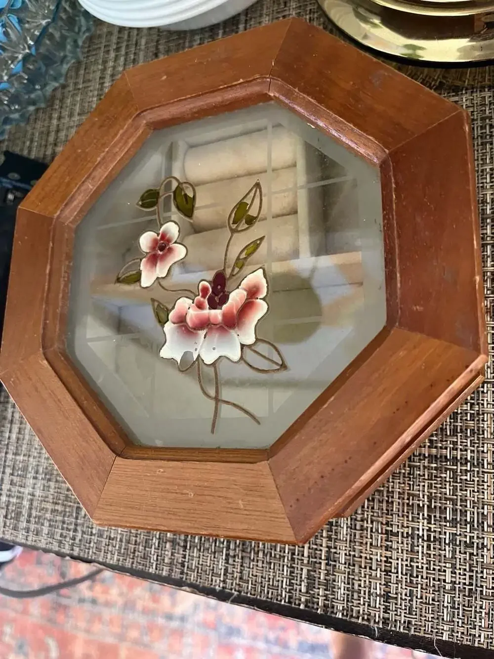 Vintage Octagonal Wooden Jewelry Box with Floral Glass Lid